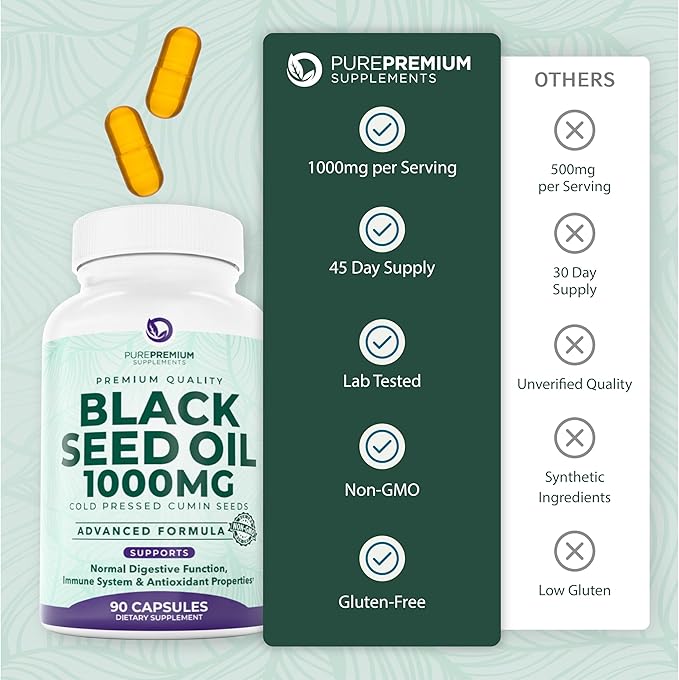 Black Seed Oil 1000mg per Serving. Non-GMO & Vegetarian Black Seed Oil Capsules 45 Day Serving. Organic Cold Pressed Black Cumin Seed. Nigella Sativa Seeds. USA Made Supplement for Men & Women