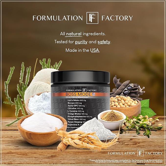 Formulation Factory BOSS Mode 10-in-1 Nootropic Cognitive Enhancement Supplement, Focus & Memory Booster, Featuring Lion’s Mane, Bacopa Monnieri, Alpha-GPC, Ginseng & More 240 Capsules (2 Pack)