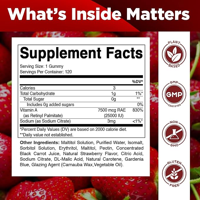Vitamatic Sugar Free Vitamin A 25000 IU Gummies (Retinyl Palmitate) - Natural Strawberry Flavor - 120 Pectin Based Gummies (1 Bottle)