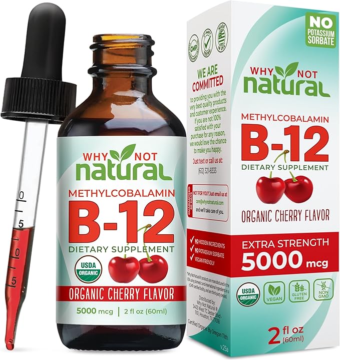 Why Not Natural Organic Vitamin B12 Liquid - Sublingual Extra Strength 60 x 5000 mcg Methylcobalamin Drops, Vegan, Maximize Absorption and Energy