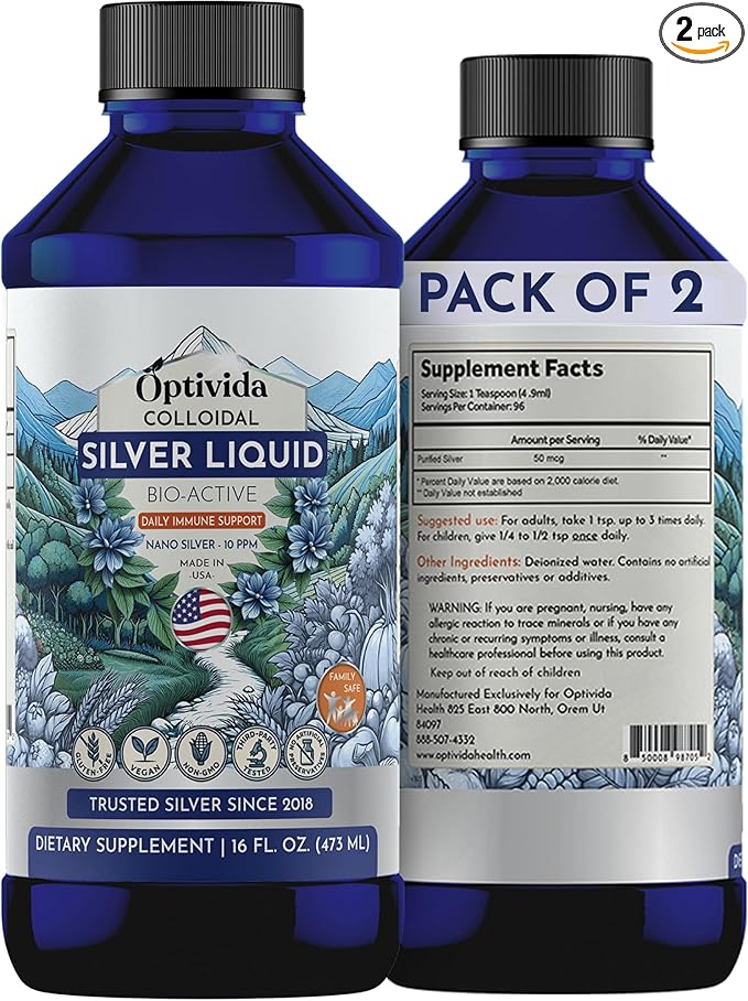 Optivida Colloidal Silver Liquid - 10 PPM Liquid Silver Immune Support - 2 Pack Nano Silver Hydrosol Liquid for Family Wellness - Natural Silver Water for Adults & Kids, Non-GMO, 3rd Party Tested