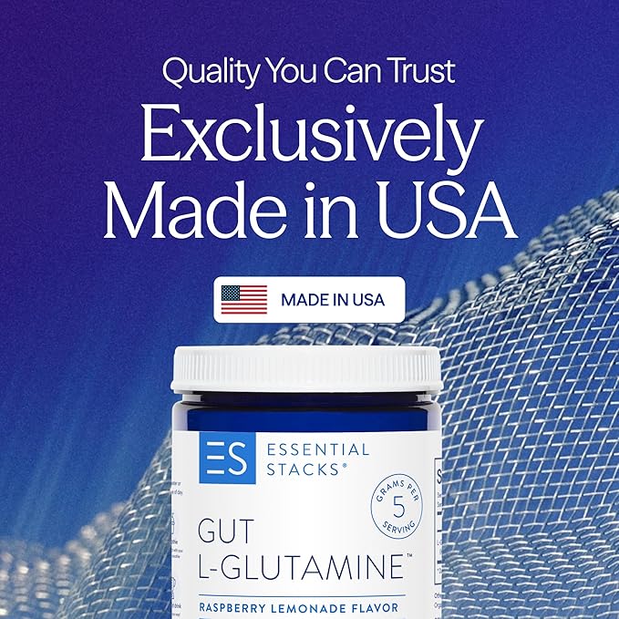 Essential Stacks Gut L-Glutamine Powder - Exclusively Made in USA - Pure L Glutamine Powder for Gut Health (50 Servings, Raspberry Lemonade)