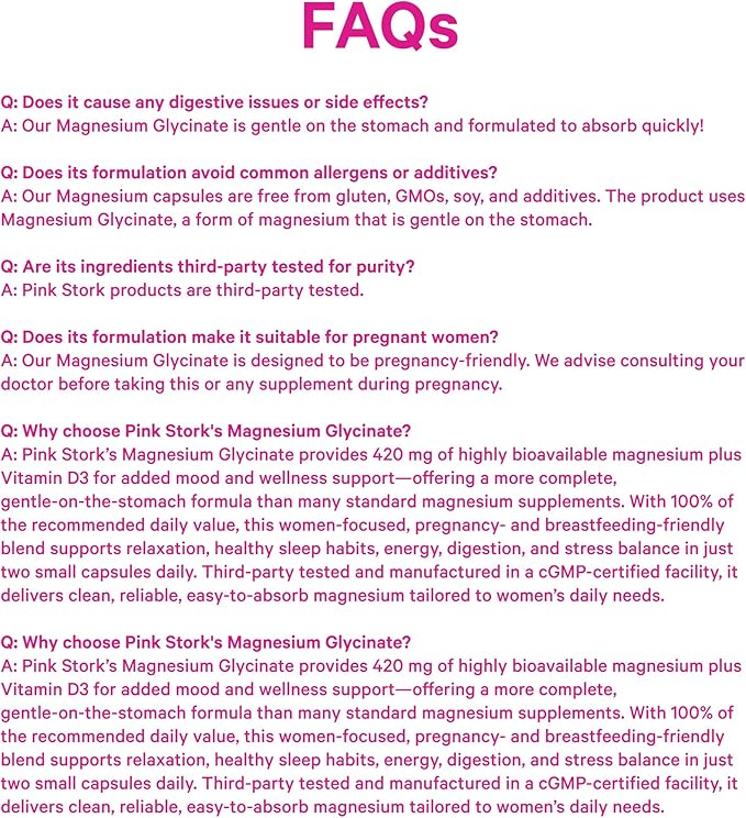 Pink Stork Magnesium Glycinate with Vitamin D - Magnesium Supplement for Women to Support Natural Calm, Mood, and Sleep - Hormone Balance for Women - 60 Capsules, 1 Month Supply