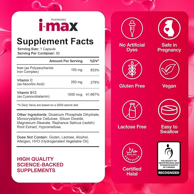 i-max Iron Supplement 150 mg, Vitamin C 250 mg & B12 1000 mcg, Iron Supplement for Women & Men, No Artificial Dyes, Vegan, Once Daily, 30 Capsules