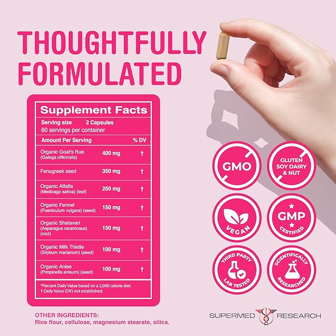 Lactation Supplement to Increase Milk Supply for Breastfeeding with Goat's Rue, Fenugreek, Alfalfa, Fennel, Shatavari, Milk Thistle – Supports Breastmilk Production (120 Capsules)