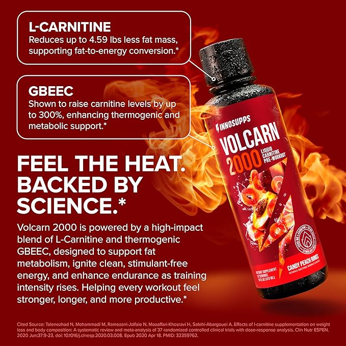 InnoSupps Volcarn 2000 - L-CARNITINE Advanced Energy Liquid | ATP Enhancer with GBEEC | Boosts Energy, Enhances Focus, Caffeine Free, No Artificial Sweeteners | 32 Servings (Candy Peach Rings)