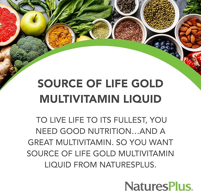 NaturesPlus Source of Life GOLD Multivitamin Liquid 30 oz - Supports Energy Production, Healthy Immune System & Well-Being - Includes Vitamins D3, B12, K2 & Over 120 Whole Food Nutrients - 30 Servings