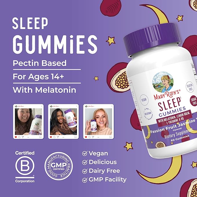 MARYRUTH'S Melatonin 5mg Sleep Gummy with L-Theanine | Lemon Balm | Vitamin B6 | Sugar-Free | Relaxation | Vegan | Non-GMO | Gluten Free | 60 Count