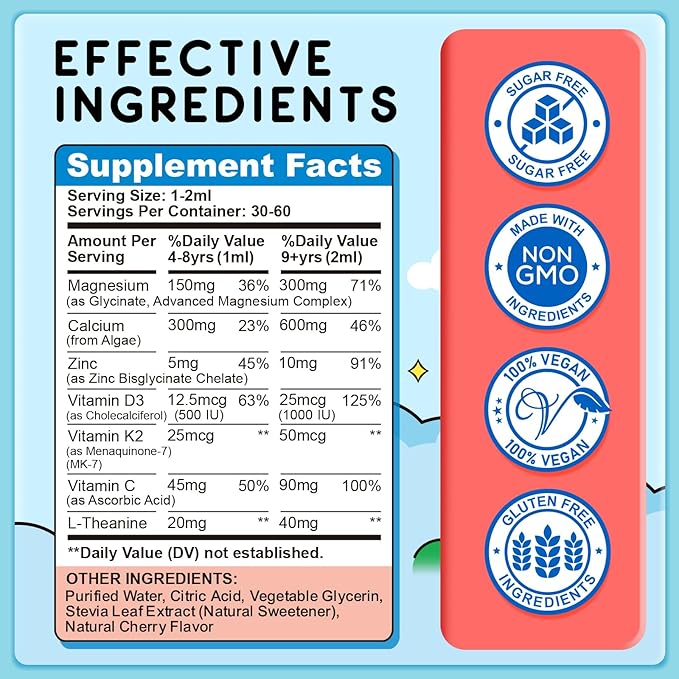 Magnesium Glycinate Liquid for Kids, Kids Magnesium Drops with L-Theanine, Calcium, Zinc, Vitamin D3 K2 for Sleep, Calm, Mood, Relaxation, Focus, Brain, Bones, Natural Cherry Flavor 2 Fl Oz
