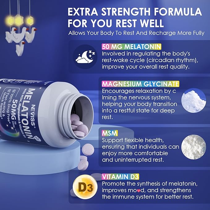 NEVISS Melatonin 50 mg for Adults - Extra Strength 9-in-1 Fast Dissolve Sublingual - High Dose with Magnesium Glycinate, Vitamin D3, Ashwagandha, Lemon Balm, Chamomile, Sugar Free, Vegan,60 Tablets