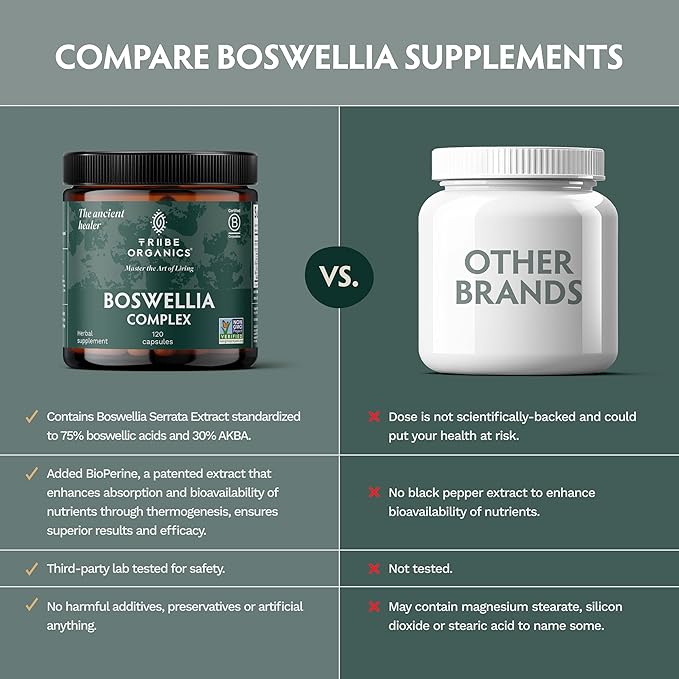 TRIBE ORGANICS Boswellia Serrata Complex Supplement for Joint Support, Muscle Relief - Vegetarian Non-GMO 120 Capsules, High Potency - Boswellin Super with Ginger Extract & Black Pepper - 420mg