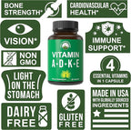 Peak Performance Vitamins D 5,000 iu + A + K + E All in 1 Easy to Swallow Vegan Capsule. ADK Vitamin Supplement with E D3 K2. Essential Vitamins for Mood, Immune, Bone, Vision, Heart