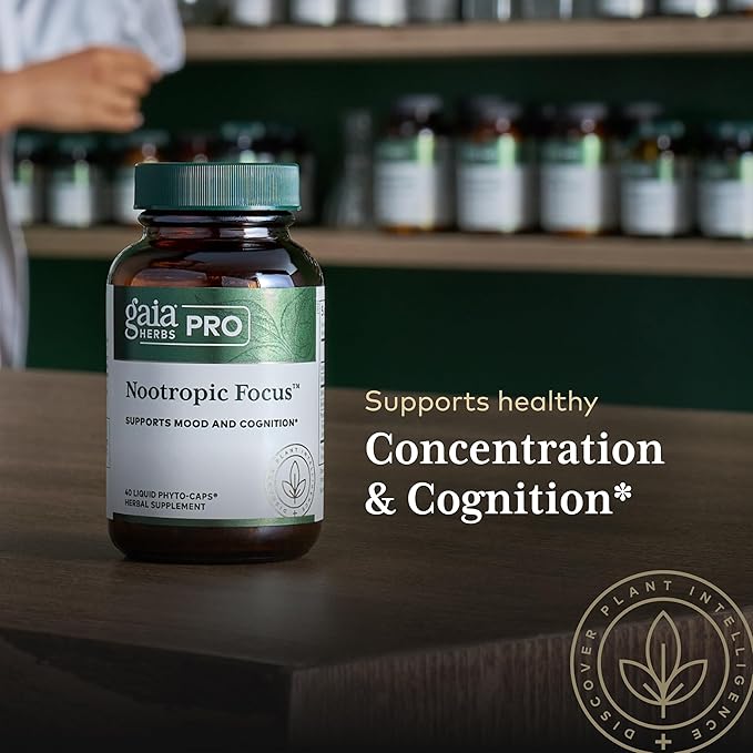 GAIA HERBS PRO Nootropic Focus - Brain Health Support Supplement* - Nootropic Supplement with Saffron, Ginkgo Leaf Extract & Lemon Balm - Vegan, Gluten-Free - 40 Liquid Phyto-Caps (20 Servings)