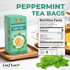 LeafLea 40 Peppermint Tea Bags, Natural Peppermint Leaf Herbal Tea with Cool Taste, Te De Menta for Gentle Digestive Support, Te De Hierba Buena, Caffeine-Free, Sugar-Free, Vegan, Individually Wrapped