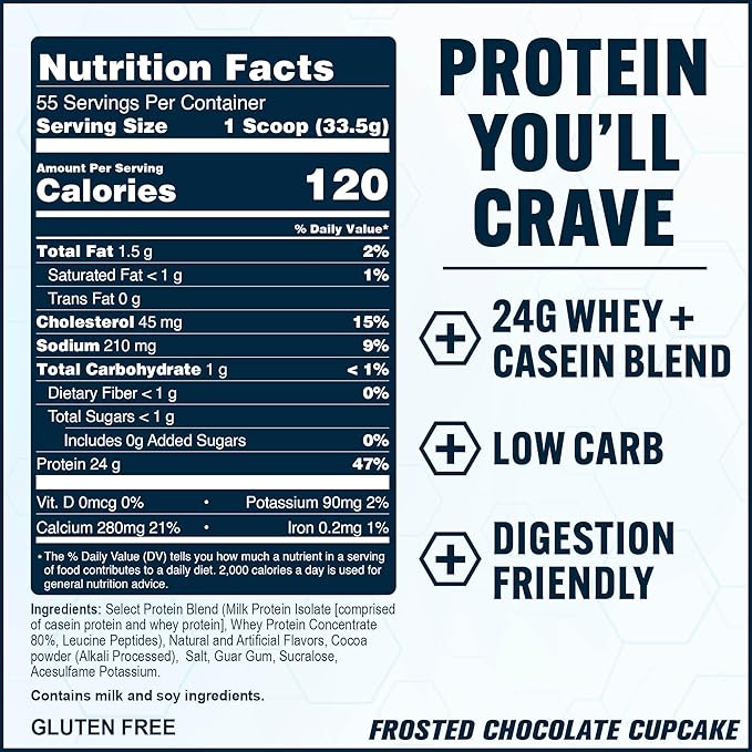 PEScience Select Protein Powder, Whey and Casein Blend, Lean Protein Powder for Women and Men, Low Calorie, Low Carb, Keto Friendly, Gluten Free, Frosted Chocolate Cupcake - 55 Servings