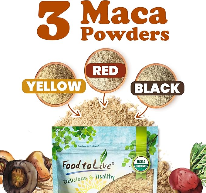 Food to Live Organic Tri-Color Maca Powder Blend, 8 Ounces Red, Yellow and Black Maca for Energy, 100% Natural Superfood, Perfect for Baking and Smoothies, Non-GMO, Vegan, Kosher, Bulk