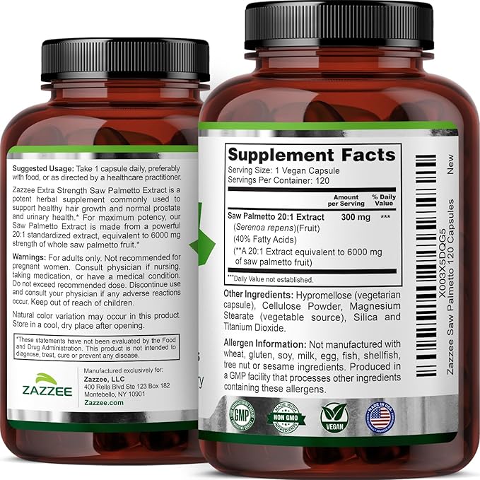 Zazzee Extra Strength Saw Palmetto 20:1 Extract, 40% Fatty Acids, 120 Vegan Capsules, 4 Month Supply, Serenoa Repens, Daily Wellness & Men’s Health Support, Herbal Supplement, Non-GMO, Made in the USA