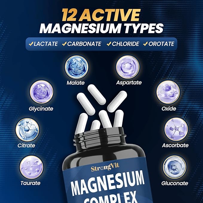 1000mg Magnesium Complex for Women and Men, 12 in 1 Magnesium Supplement with Ashwagandha, Zinc, D3, L-theanine. Easy to Swallow, High Absorption, Sleep Support & Stress Relief (60 Capsules)