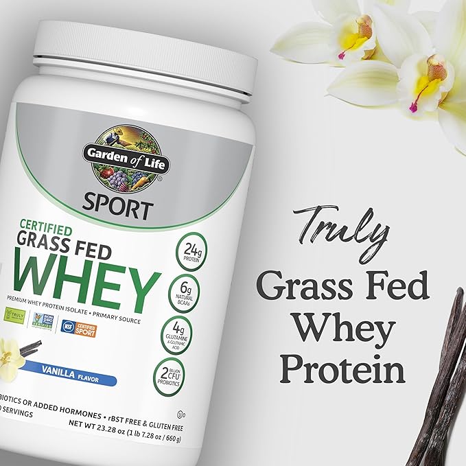 Garden of Life Sport Grass Fed Whey Protein Powder – 24g Whey Protein Isolate for Women & Men with Probiotics & Glutamine, Non-GMO, Gluten-Free, Cold-Processed, Vanilla Flavor, 20 Servings