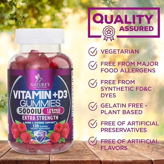 Vitamin D Supplement Gummy - Vitamin D3 125 mcg 5000 IU Per Serving - Bone, Teeth, Muscle and Immune Health Support for Men & Women, Premium VIT D3 Nature's & Gluten Free - 120 Gummies