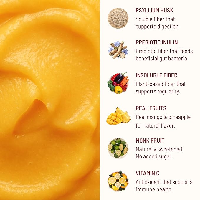 The Fiber Gel High Dietary Fiber Prebiotic Gel Formula — 100% Natural & Clean Label — Plant-Based Psyllium Husk & Inulin Complex — Keto Friendly, Vegan, No Added Sugar — Mango&Pineapple, 32 oz