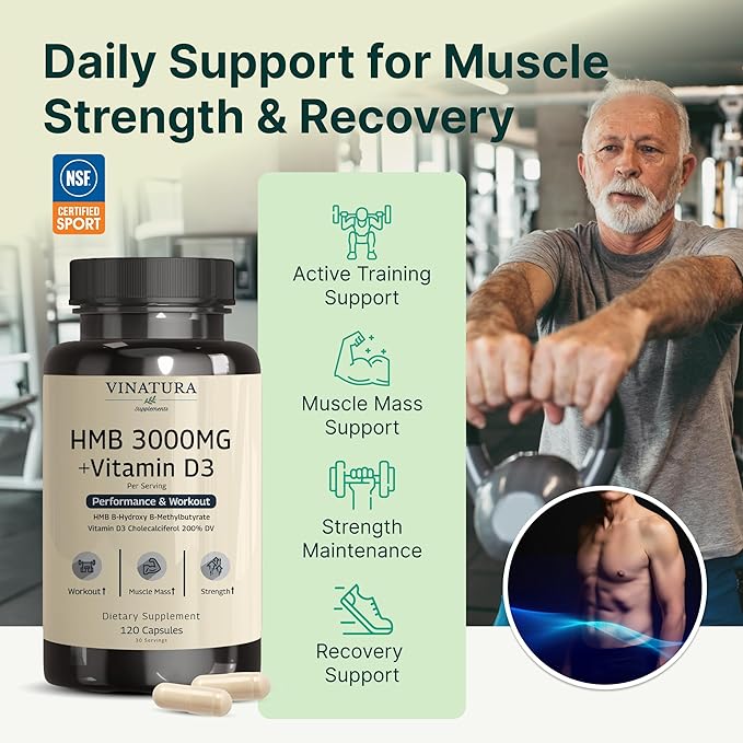 VINATURA HMB 3000mg and Vitamin D3 Supplement - HMB (Beta-Hydroxy Beta-Methylbutyrate), Vitamin D3 (1600 IU), Made in USA & NSF Certified for Sport - 120 Capsules