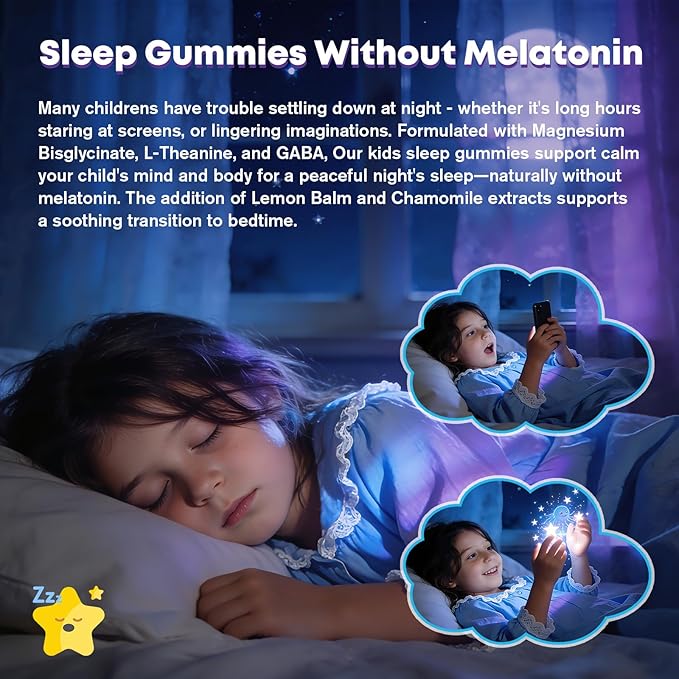 Kids Sleep Gummies, Magnesium Bisglycinate 100/200 mg + 200/400 mg Calcium Citrate for Kids 4+, w/L-Theanine, B6, Zinc, D3K2 & GABA, Lemon Balm, Chamomile Extract for Zzz & Relax, Bone, Muscle -2 Pack