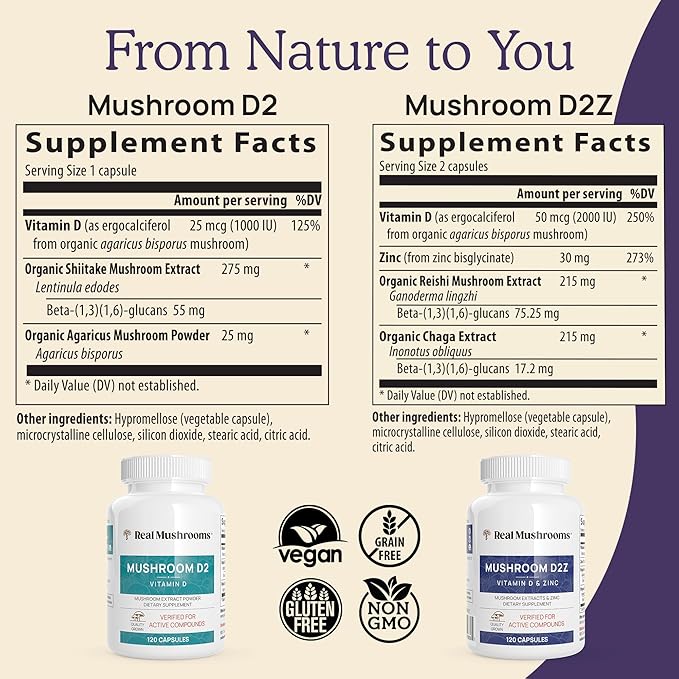 Real Mushrooms Zinc and Vitamin D2 Capsules – with Organic Chaga and Reishi Mushroom Extracts – Vitamins for Overall Wellness Support – Vegan, Non-GMO, Gluten-Free – 120 Count Mushroom Supplement