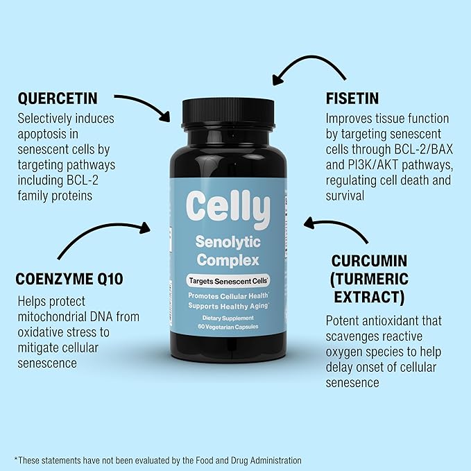 Celly Senolytic Complex | Longevity Supplement for Healthy Aging and Cellular Health with Quercetin and Fisetin | Targets Senescent Cells | 30 Servings | Non-GMO & 3rd Party Tested