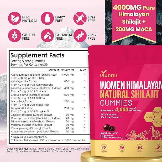 VivoNu Himalayan* Shilajit* Gummies with Ashwagandha* & Gokshura | 85+ Trace Minerals & Fulvic Acid | Organic, Micronutrient Supplement for Men & Women (Women 4000mg / 2 Bag)