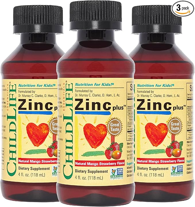 CHILDLIFE ESSENTIALS Liquid Zinc Plus for Kids & Toddler - Liquid Supplement Drops, Zinc Gluconate & Copper for Immune Support - Mango Strawberry, 4 Fl Oz (Pack of 3)