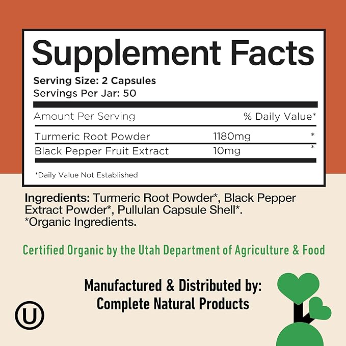 CNP Organic Turmeric with Piperine Capsules 600mg - High Absorption Curcumin with Black Pepper, Plant Based Supplement, Clean Formula No Fillers, 100 Count Glass Bottle, Made in USA, Family Owned