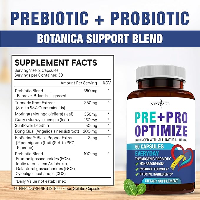 NEW AGE Pro Optimize Probiotics for Women, Menopause, Digestive Health - Support for Bloating, Hot Flashes, Joint Support, Night Sweats - Gut Health & Metabolism - Dong Quai (60 (Pack of 1))