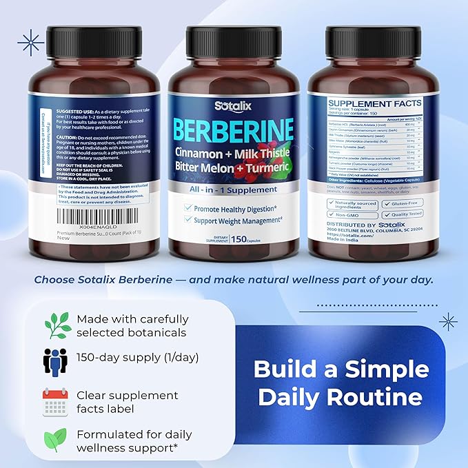Premium Berberine Supplement with Ceylon Cinnamon, Bitter Melon, Milk Thistle - 150 Day Supply (150 Count (Pack of 1))