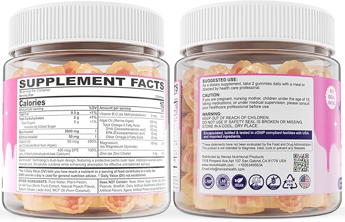 Myo-Inositol & D-Chiro Inositol, Hormone Balance for Women | Sugar Free Inositol Gummies w/ Omega 3, MTHF Folate, Vitamin D3, B12, Magnesium & Zinc for Ovarian Health, Ideal 40:1 Ratio, Vegan, 60 Cts