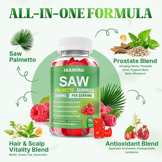 Saw Palmetto Gummies 600mg Saw Palmetto Supplement with Pumpkin Seed Oil, Biotin, Prostate Health Supplements for Men, Advanced DHT Blocker, Hair & Urinary Health Support, Raspberry Flavor, 120 Counts