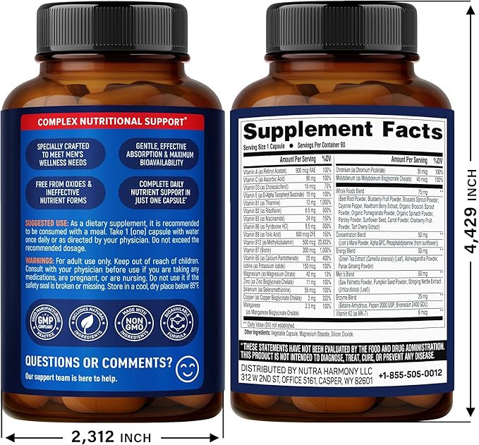 Multivitamin for Men - B-Complex | Whole Foods & Enzymes - Energy, Focus & Brain | Men's Health Complex - 46in1 Mens Multivitamin - Bioavailable & Gentle on Stomach - Made in USA - 90 Capsules, 1/Day