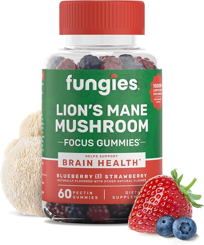 Fungies Lion's Mane Mushroom Gummies, Mixed Blueberry & Strawberry Flavor - Mushroom Supplement Gummy for Adults & Children Supports Brain Health, Cognitive Function, Focus, Memory & Mood, 60 Servings