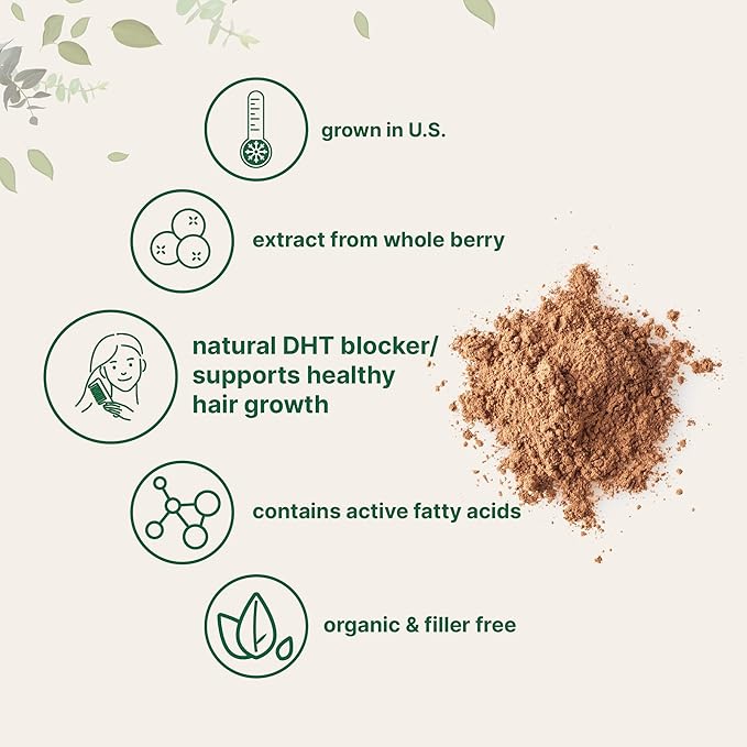 Sustainably US Grown, Organic Saw Palmetto Powder, 4 Ounce, with Active Fatty Acid, Pure Saw Palmetto Prostate & Hair Growth Supplement, Healthy Urination Frequency & Hair Loss Blocker Supplement