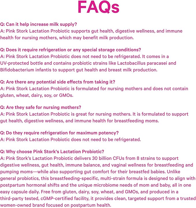 Pink Stork Lactation Probiotic - 30 Billion CFUs Multi Strain Postnatal Probiotics for Breastfeeding Women - Support Breast Milk & Gut Health, Postpartum Essentials, 30 Capsules
