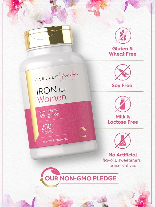 Carlyle Iron Supplement for Women | 200 Slow Release Tablets | Vegetarian, Non-GMO, Gluten Free Pills | for Her