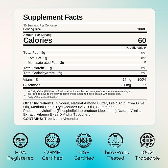 MYCL Liposomal Glutathione Supplement Squeeze Packs – Vitamin E and MCT Oil – Skin, Hair and Nail Health– High Absorption - Vanilla Almond – 30 Single-Serve Packets