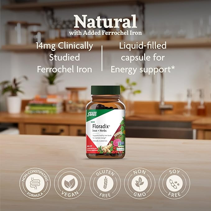 Floradix Iron + Herbs - Iron Supplement for Healthy Energy Support* - Supports Red Blood Cell Formation - Vegan, Non-GMO, Gluten-Free, Soy-Free - 60 Liquid Phyto-Caps