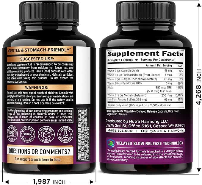 Iron Supplement for Women - Iron 65mg (Ferrous Sulfate 325mg) - Stomach Friendly | Slow Release Iron | High Absorption - Vitamins C, D3, B6, B12 & Folate - Iron Level & Energy Support - 60 Capsules