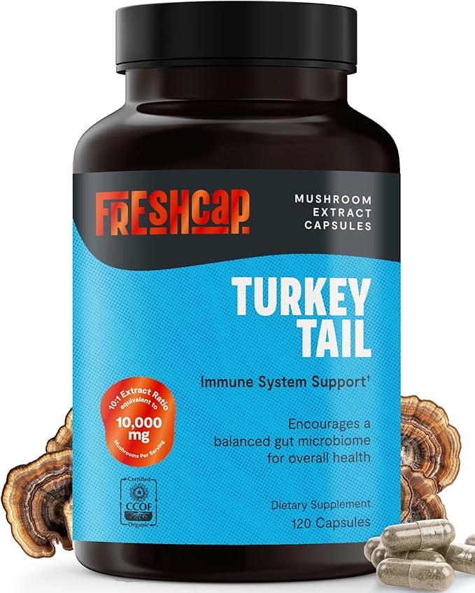 FreshCap Mushrooms Turkey Tail Mushroom Supplement 10,000mg – Organic, Turkey Tail Extract for Immune Support Supplement, Mushroom Supplement Capsules, Ayurveda Immunity Supplement (120 Capsules)