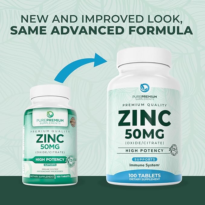 PurePremium Natural Zinc 50mg Supplements for Men/Women - GMP-Certified High Potency Vitamin Zinc Citrate/Oxide for Adults, Immune Antioxidant, Energy Support - 100 Tablets
