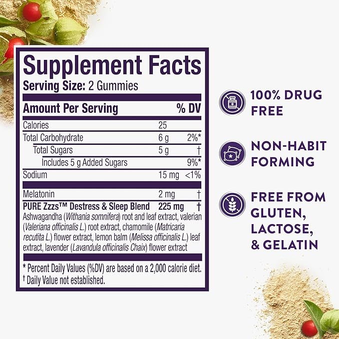 ZzzQuil Pure Zzzs De-Stress 2mg Melatonin Gummies,Sleep Aids for Adults,Ashwagandha for Stress Support,60 Gummies,(Pack of 2)