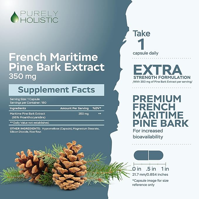 Purely Holistic Pine Bark Extract 350mg 180 Vegan Capsules 95% Proanthocyanidins - French Maritime Pine Bark Extract - Non GMO & Pesticide Free Antioxidant Supplement