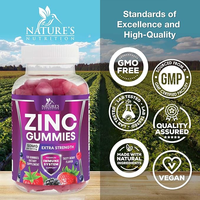 Zinc Gummies - 50mg Zinc Per Serving Immune Skin & Bone Support Health Gummy - Premium Antioxidant Chewable, High Absorption Vegan, Best Supplements Vitamin for Adults, Tasty Berry Flavor, 120 Gummies