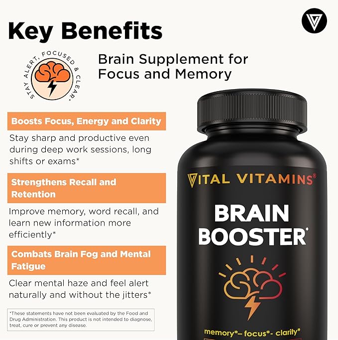 Vital Vitamins Brain Supplements for Memory and Focus (2-Pack)– Nootropic Brain Booster with Ginkgo Biloba, Rhodiola, B12 – Caffeine-Free Support for Adults & Seniors – 60-Day Supply